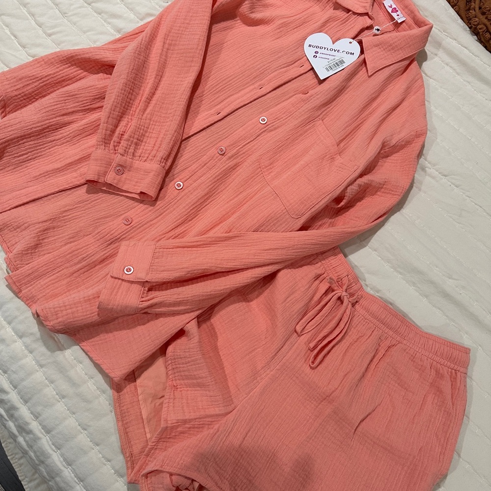 Buddy Love Coral Button-Up Shirt and short set size L NWT